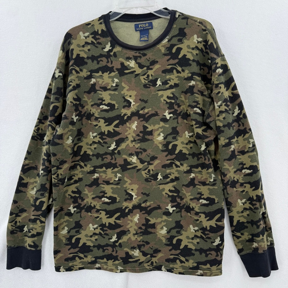 Polo Ralph Lauren Thermal Shirt Mens 2XL Green Camo Waffle Knit Long Sleeve